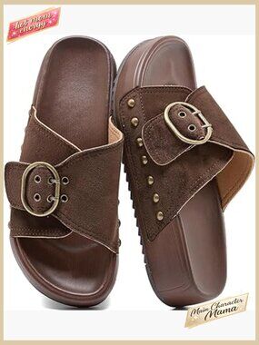 Platform Slide Sandals Chunky Buckle Cross Strap Wide Width Arch Support Wedge